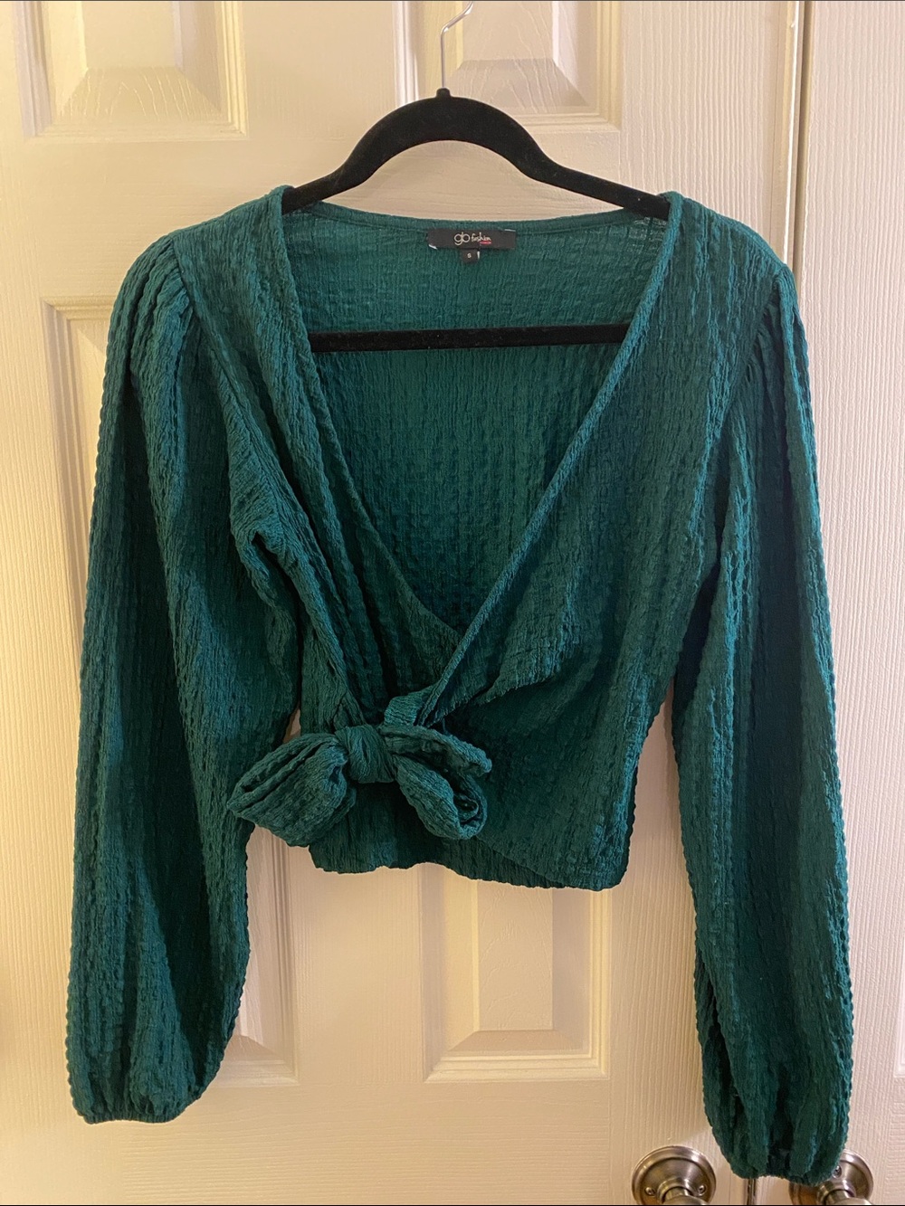 Teal Textured Tie-Front Long-Sleeve Crop Top